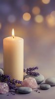 Burning white candle with lavender flowers, rose quartz crystals and smooth stones on purple bokeh background for spa relaxation and meditation wellness.