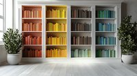 Modern white bookshelf with books arranged by color from orange to blue spectrum, decorative potted plants on sides, bright interior with natural lighting on wooden floor.
