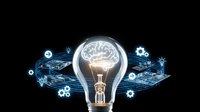 Light bulb with brain inside surrounded by glowing circuit board patterns and gear icons on black background representing artificial intelligence innovation.