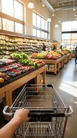 Empty shopping cart in modern grocery store with fresh produce displays, wooden shelving, and natural light from large windows, suitable for retail, shopping, and supermarket concepts.