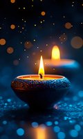 Decorative oil lamp with glowing flame against dark blue bokeh background with golden light particles for meditation and spiritual practices.