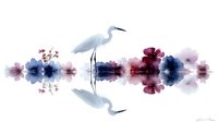 White heron silhouette reflected in water with watercolor floral elements in purple and blue tones creating symmetrical composition on white background.