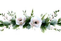 Delicate blush pink roses with eucalyptus leaves and green foliage arrangement on white background, watercolor style floral border design element for wedding stationery.