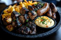 Grilled meat platter with sausages, beef chunks, roasted potatoes and creamy hummus dip garnished with fresh herbs served on black stone plate.