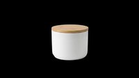 White ceramic storage container with wooden lid, isolated on transparent background. Ready for design use on product mockups, packaging designs, kitchen decor graphics, e-commerce listings, and print-on-demand applications.