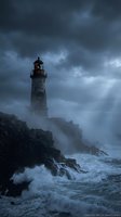 Dramatic lighthouse stands on rocky cliff during stormy weather with crashing waves and dark moody clouds creating atmospheric seascape for maritime themes.