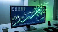 Financial growth concept with green arrow and leaves emerging from computer monitor displaying stock market charts and trading data on modern desk.