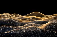 Abstract golden waves with glowing particles creating magical landscape effect against black background. Luxury design element for creative projects.