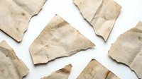 Torn brown paper pieces scattered on white background creating abstract pattern for craft projects and creative design applications.