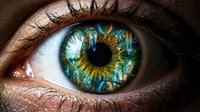 Close-up macro shot of human eye with futuristic digital circuit board pattern reflected in iris, cyberpunk technology concept for sci-fi designs.