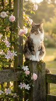 Tabby and white cat sitting on wooden fence post surrounded by blooming pink roses in garden setting during golden hour with soft blurred background.