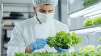 Young Asian male scientist in protective workwear examining fresh lettuce in modern vertical farm laboratory, conducting quality control and research on hydroponic agriculture.