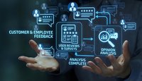 Business professional presenting digital customer feedback and review management system with glowing interface elements and data analytics icons.