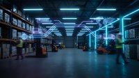 Futuristic warehouse interior with neon blue and purple lighting, automated storage systems, and motion-blurred figures moving through industrial space for technology and logistics concepts.