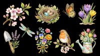 Watercolor spring garden elements with bird, butterfly, nest, flowers, and botanical illustrations isolated on transparent background. Ready for t-shirt design, clipart, stickers, sublimation, and print-on-demand projects.