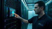 Male technician with dark hair and light skin tone wearing black uniform working in modern server room, touching illuminated holographic interface on data center equipment with blue neon lighting and network infrastructure visible in background.