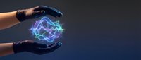 Two hands in black gloves holding glowing blue digital network sphere with interconnected lines, representing technology, data connection, and innovation concepts for business and digital transformation.