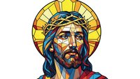 Stained glass style portrait of Jesus Christ with crown of thorns and golden halo, colorful religious artwork isolated on white background for spiritual designs.