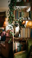 Siamese cat perched on wooden bookshelf surrounded by vintage books and cascading ivy vines in cozy home library with warm lamp lighting and vintage furniture.
