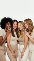 Four diverse women laughing together in neutral beige outfits on white background. Friendship, sisterhood and joy concept for lifestyle campaigns.