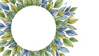 Watercolor botanical frame with green and blue leaves surrounding white circle space for text or logo design on transparent background.