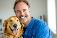 Smiling mature male veterinarian in blue scrubs embracing friendly golden retriever dog during checkup at modern veterinary clinic, showing bond and care.