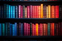 Colorful vintage books arranged in rainbow order on dark wooden shelves create vibrant spectrum display in library or bookstore setting. Suitable for education themes.
