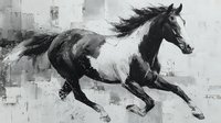 Black and white pinto horse galloping with flowing mane against abstract textured background. Dynamic equestrian art for home decor and design projects.
