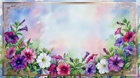 Watercolor floral frame with colorful petunias and green leaves on pastel background. Decorative border for invitations, greeting cards, wedding stationery.