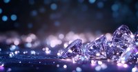 Sparkling diamonds scattered on dark surface with soft purple and blue bokeh lights creating luxurious jewelry background for elegant design projects.
