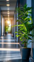 Green tropical plant in modern office hallway with natural sunlight streaming through windows creating atmospheric depth and warmth in corporate space.