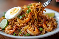 Spicy Asian noodles with grilled shrimp, boiled egg, and lime garnish on white plate, close up view showing steam and texture of stir-fried dish.