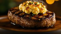 Juicy grilled beef steak topped with roasted cauliflower florets and seasonings on wooden board, close up view with warm lighting and bokeh background.