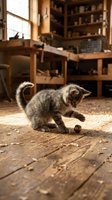 Young tabby kitten playing with a toy ball on wooden floor in rustic workshop interior with natural sunlight and wooden shelving.