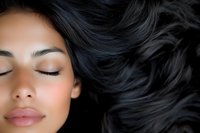 Close up portrait of young Asian woman with flowing black hair, closed eyes, and natural makeup showing peaceful expression against light background.