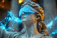Classical stone statue wearing futuristic glowing VR headset with neon blue light effects, combining ancient sculpture art with modern technology in dramatic lighting.
