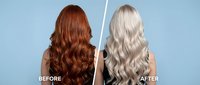 Professional hair transformation showing dramatic color change from rich auburn to platinum blonde with voluminous waves for salon marketing materials.