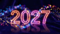 Glowing neon 2027 numbers with colorful bokeh lights and sparkles on dark background for New Year celebration and future technology concepts.