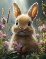 Adorable brown bunny rabbit sitting among pink wildflowers and wheat stalks in magical morning light, with soft fur detail and expressive eyes. For children's books and cards.