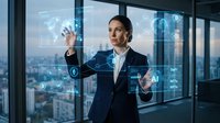 Professional businesswoman interacting with futuristic holographic interface technology in modern office with city skyline background.