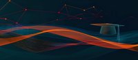 Graduation cap floating over dynamic waves of orange and blue light with connected dots forming constellation pattern on dark background. Academic achievement concept.