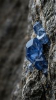 Blue sapphire crystals embedded in natural rock formation showcasing raw gemstone mineral specimen for geology and jewelry design applications.