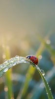 Red ladybug on dewdrop-covered grass blade with soft bokeh background for nature and garden designs.