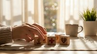 Wooden blocks spelling LOVE on desk with hands reaching toward them in warm sunlight, romantic home decor concept for Valentine's Day and relationships.