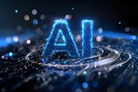 Glowing blue AI letters on dark background with digital particles and light trails creating futuristic technology concept for artificial intelligence design.