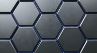 Metallic hexagonal pattern with brushed steel texture and blue outlined borders creating modern geometric background for industrial design applications.