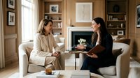 Two professional women having business meeting in elegant living room with fireplace and bookshelves, discussing strategy over coffee in cozy home office setting.