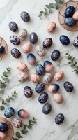 Decorated Easter eggs with geometric patterns in navy blue and rose gold colors arranged on marble surface with eucalyptus branches and copper baskets.