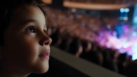 Young girl with captivated expression watching concert performance, illuminated by colorful stage lights against blurred audience background.