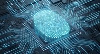 Digital fingerprint biometric security technology on futuristic circuit board with glowing blue lines for cybersecurity and identity verification systems.